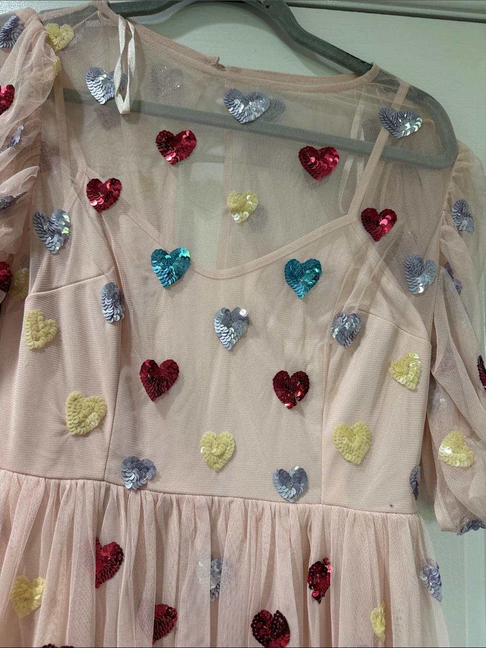 Pink Tulle Dress with Multicolor Heart Embellishments - Picture 4 of 5